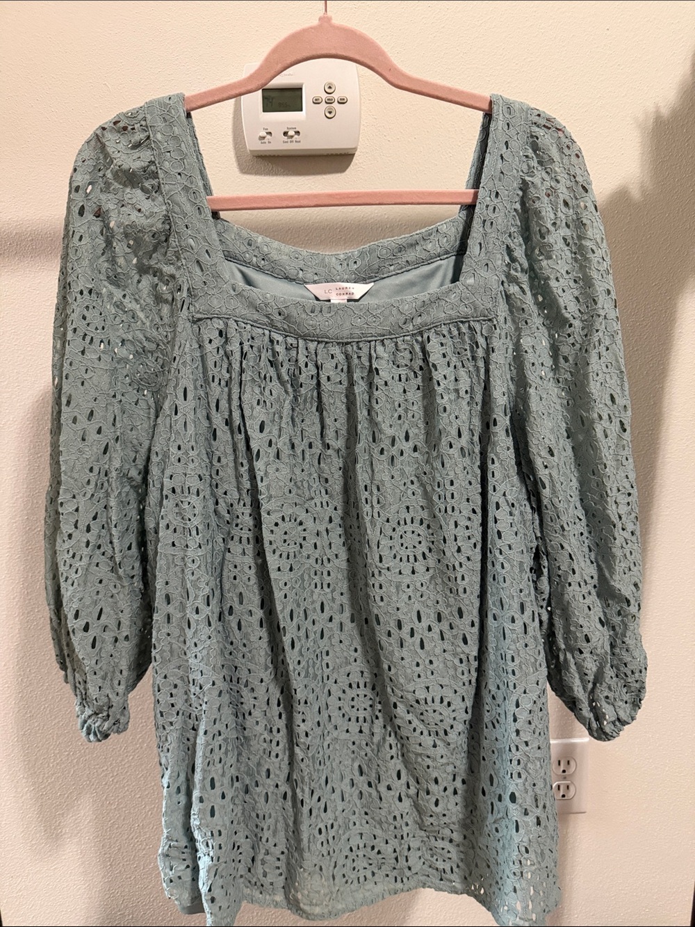 LC Lauren Conrad 2X Light Blue Eyelet Square-Neck Peasant Blouse
